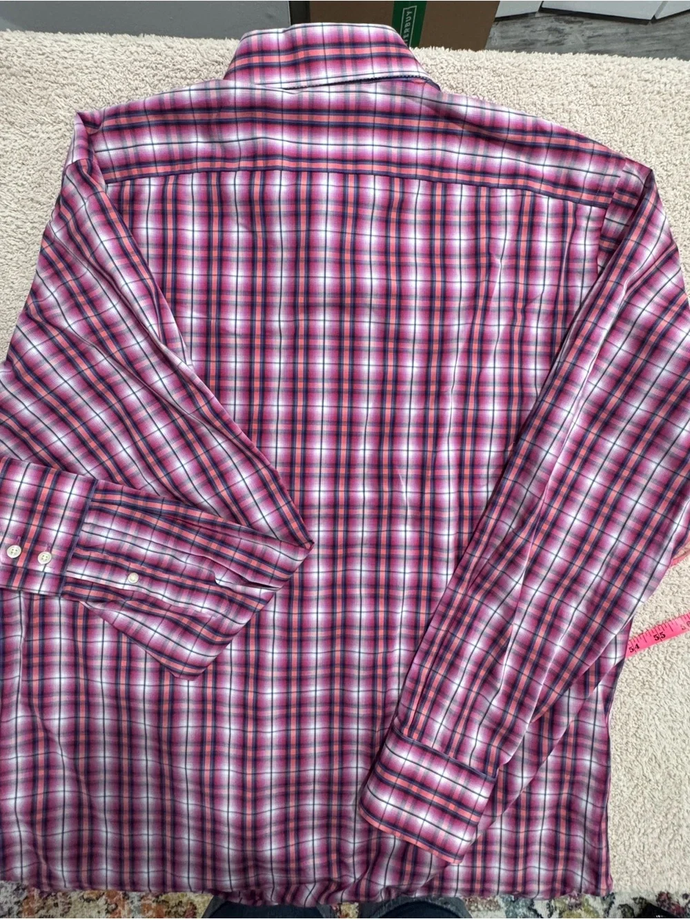 Thomas Dean Men’s L Pima Cotton Plaid Shirt Pink Orange Blue Button‑Down